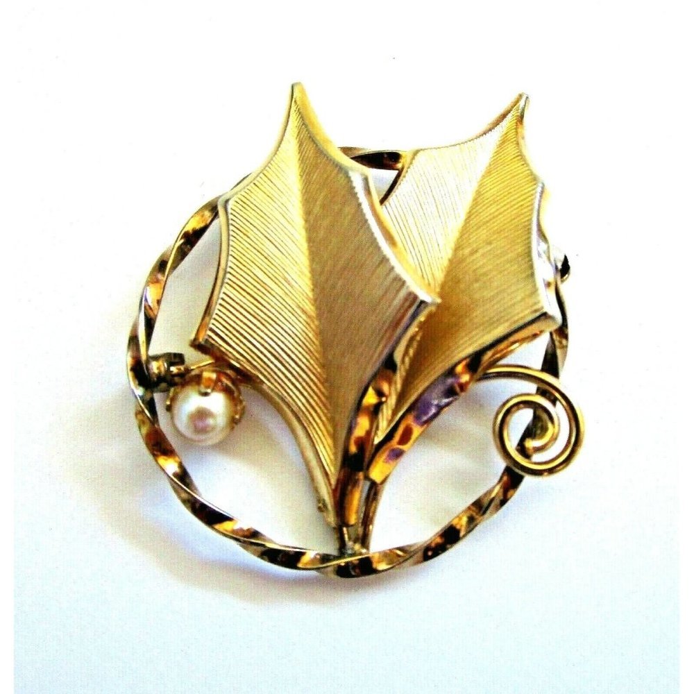 VTG Wells 925 Sterling Silver Gold Plated Flower Pearl Leaf Pin Brooch - Estate